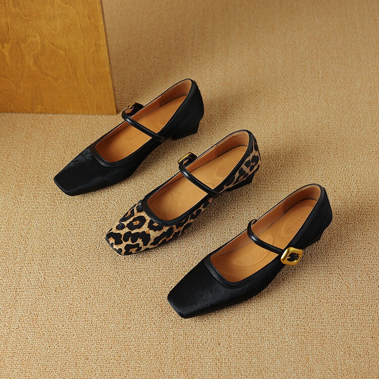 Retro Square Toe Strap Mary Jane Shoes Women's French Horsehair Genuine Leather Leopard Print Shoes