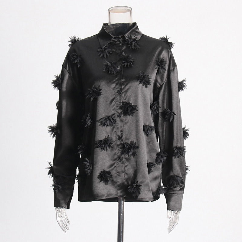 Elegant style three-dimensional flower patchwork design shirt loose versatile shirt top for women