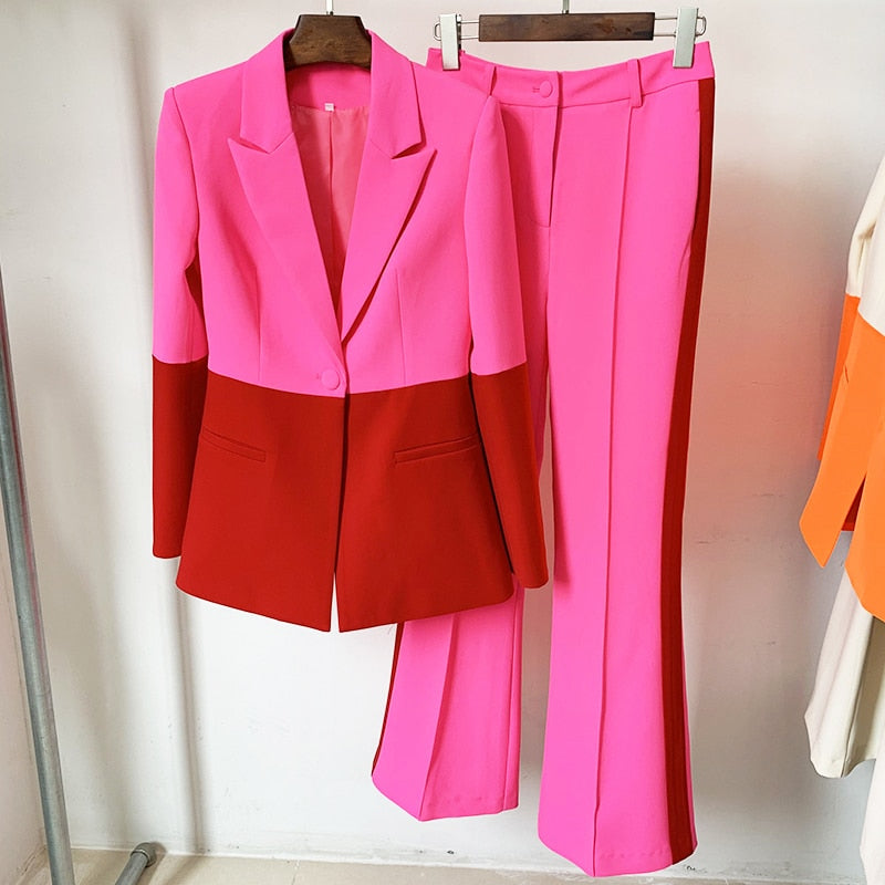 Newest Designer Runway Suit Set Women's Single Button Color Block Blazer Flare Pants Suit