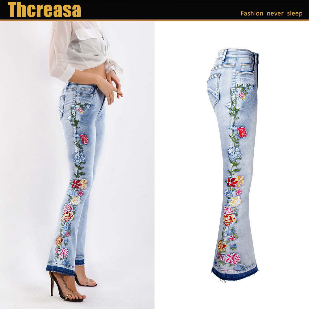Flared Jeans Women Heavy Industry Three-Dimensional 3D Embroidery Jeans Trousers Flared Pants Large Size Women's Clothing