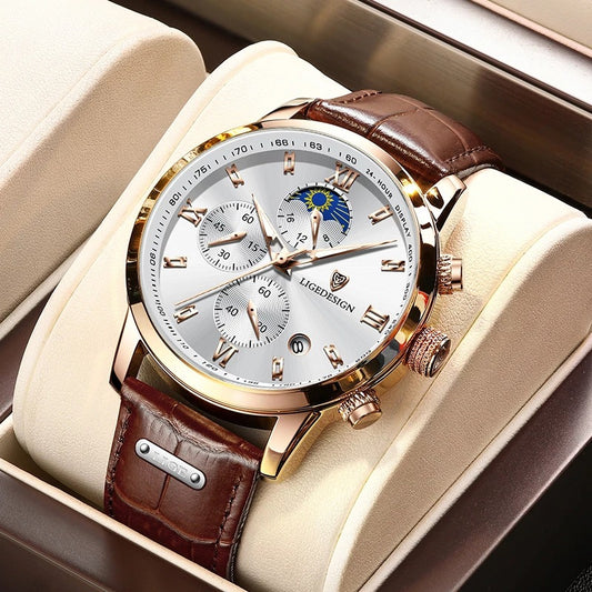 Lige Men's Quartz Watch Multifunction Chronograph Moon Phase Quartz Movement Waterproof Watch