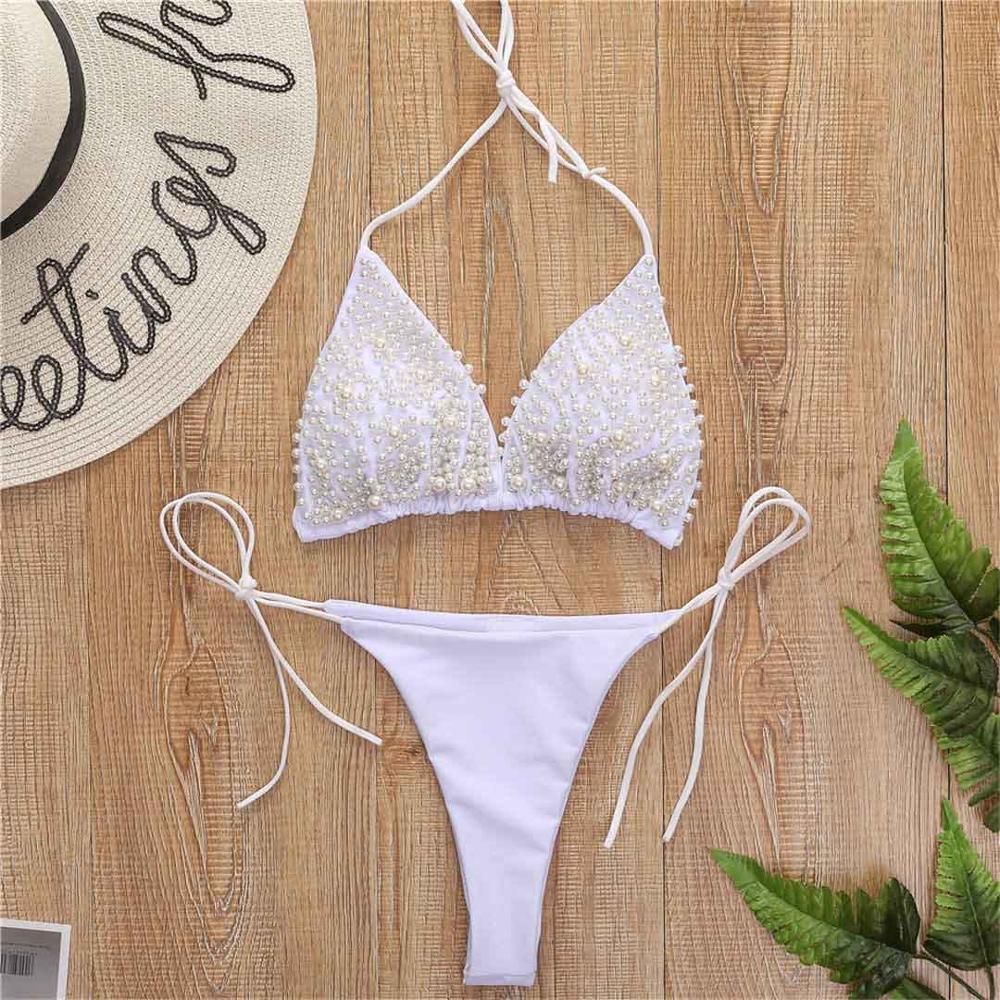 Halter Mini Bikini Female Swimsuit Women Swimwear Two-pieces Bikini set Luxury Pearl Bather Bathing Suit Swim Lady