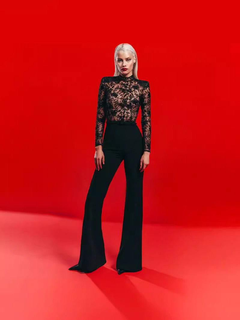 European and American sexy fashion see-through lace bandage long-sleeved trousers women's jumpsuit