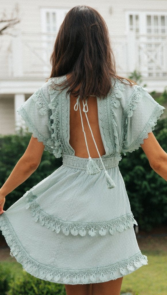 Women's lace patchwork tie up backless large swing bat sleeve dress