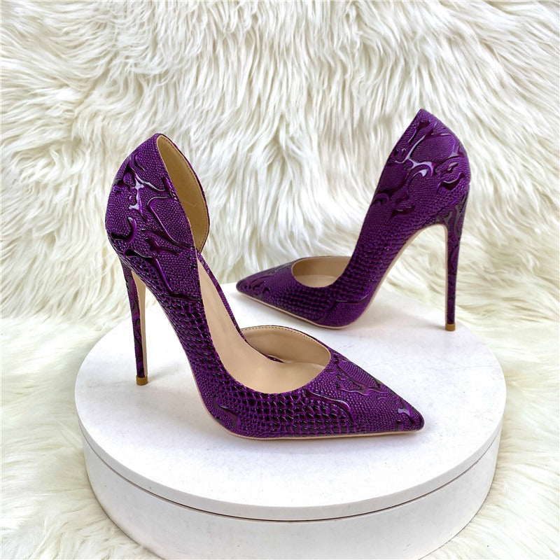 Purple high heeled shoes, pointed toe, thin heel, shallow mouth, side hollow single shoe for women's shoes