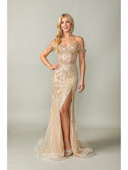 Beaded Off-the-Shoulder Mermaid Gown with Sheer Bodice and Sequin Detailing Prom Dress