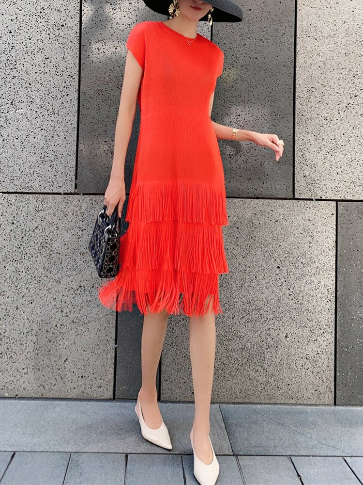 Pleated Tassel Sleeveless Knee-length Dress Women Round Collar Solid Color Straight Female New Clothing Summer