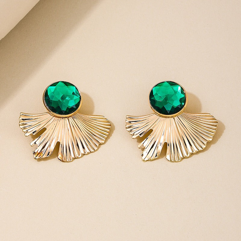 French style fashionable personality new earrings temperament fan-shaped emerald ball wear women's earrings