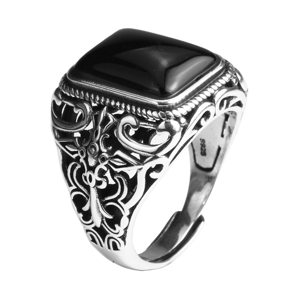 Real 925 Sterling Silver Vintage Rings For Men Natural Black Onyx Stone Square Shape Hollow Cross Flower Carved Punk Jewelry