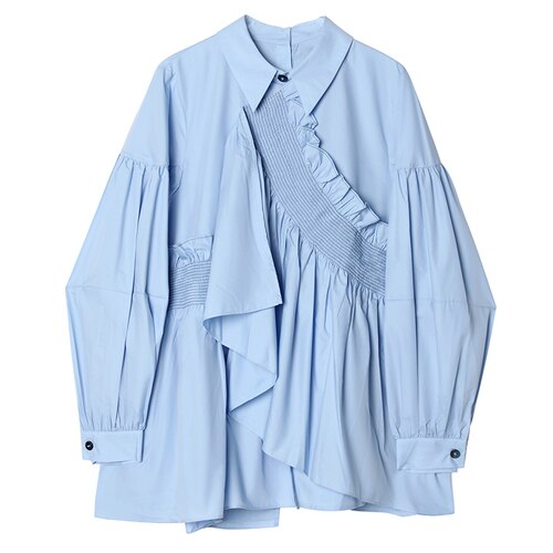 Slim Irregular Fold Blue Shirts Women's Spring Full Loose Turn-down Collar Casual Blouse