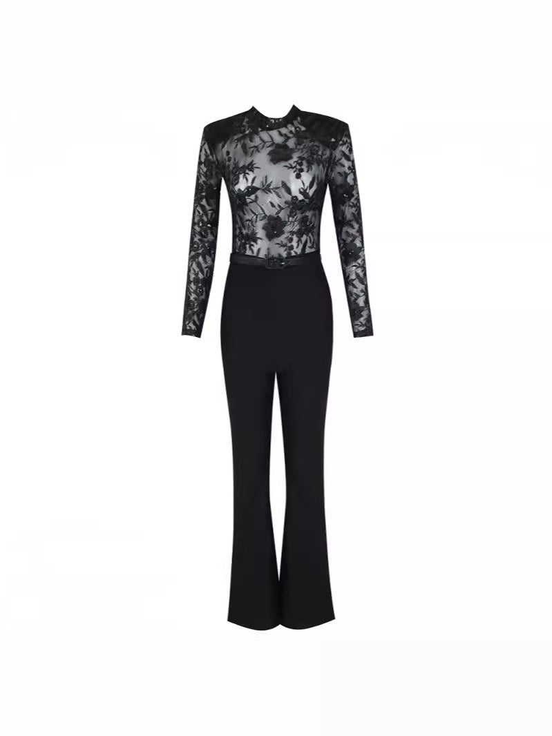 European and American sexy fashion see-through lace bandage long-sleeved trousers women's jumpsuit