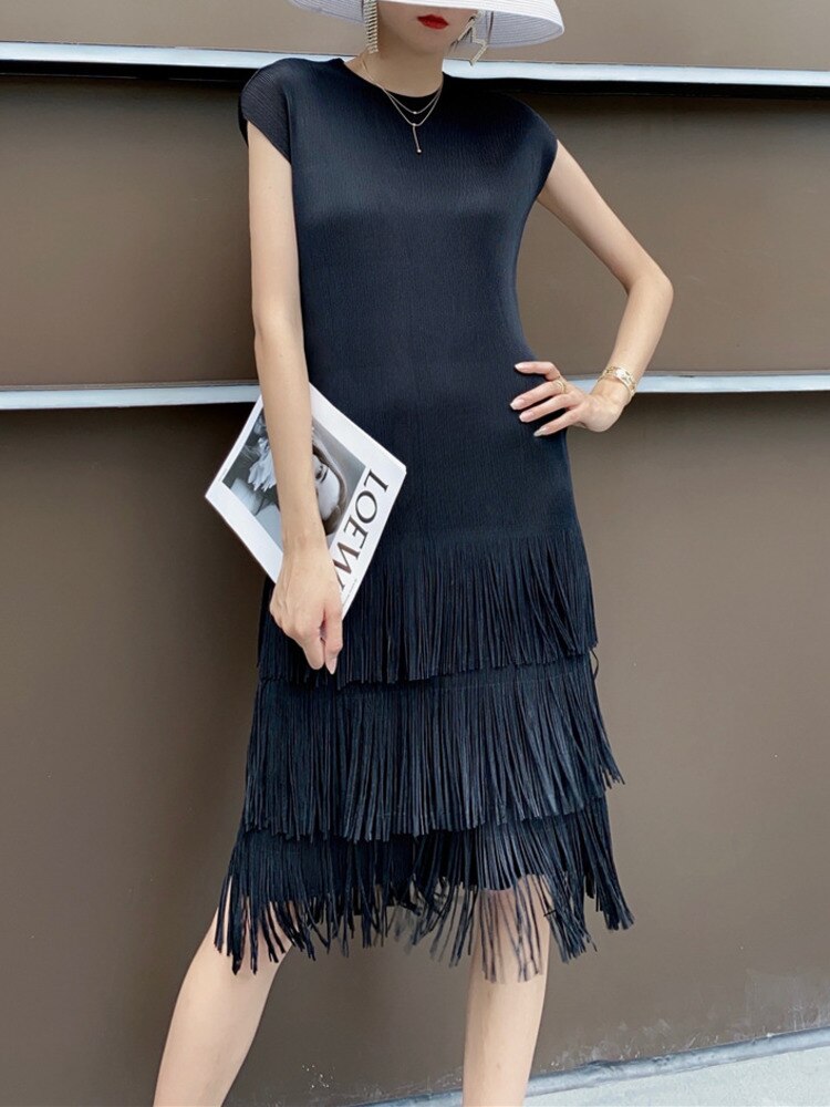 Pleated Tassel Sleeveless Knee-length Dress Women Round Collar Solid Color Straight Female New Clothing Summer