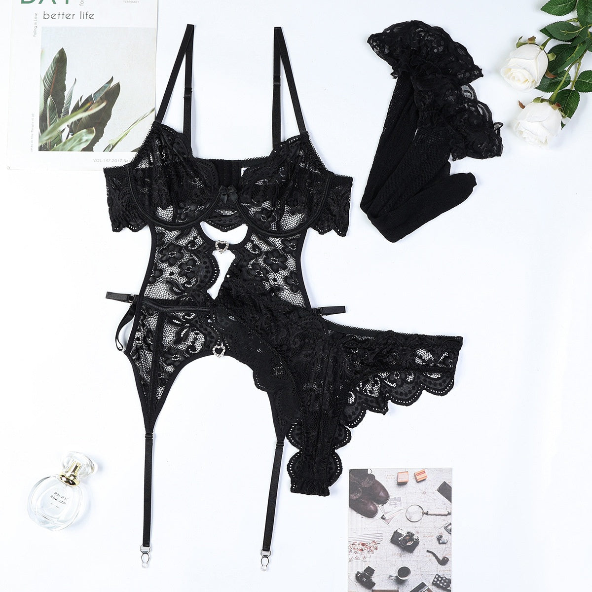 Heart Crystal Hollow Lace Trim Fashionable Sexy Lingerie Stockings Three-Piece Set