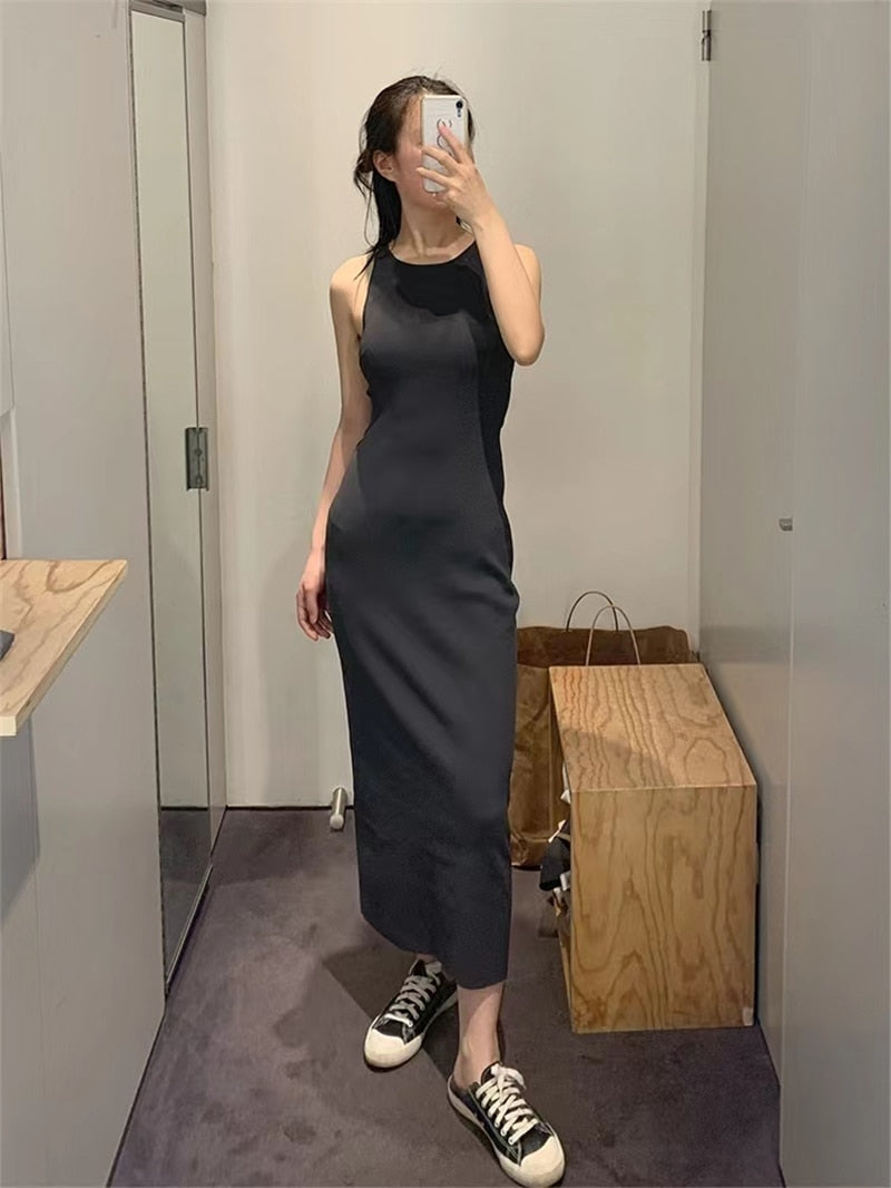 Sleeveless Slim Fit Women's New Cos Round Neck Knitted Fit Solid Color Temperament Long Dress