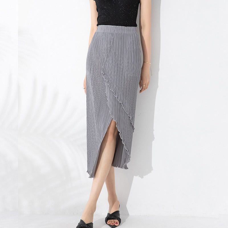 Spliced Pleated Skirt For Women High Elastic Waist Solid Color Solid Hip Wrap Split Skirts