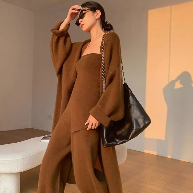 Fashion Knitting Set Women'S Autumn/Winter High Grade Sweater Cardigan Coat With Bra+Slim Fit Wide Leg Pants