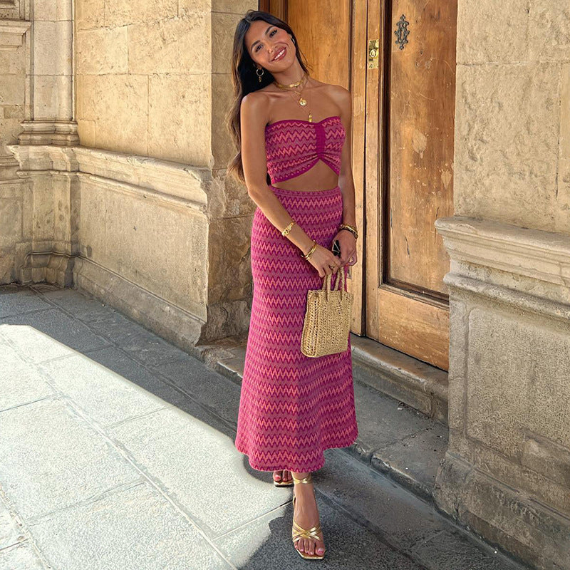 Women's Dress Suit Summer New Drawstring Tube Top Print Short Top High Waist Slim Skirt