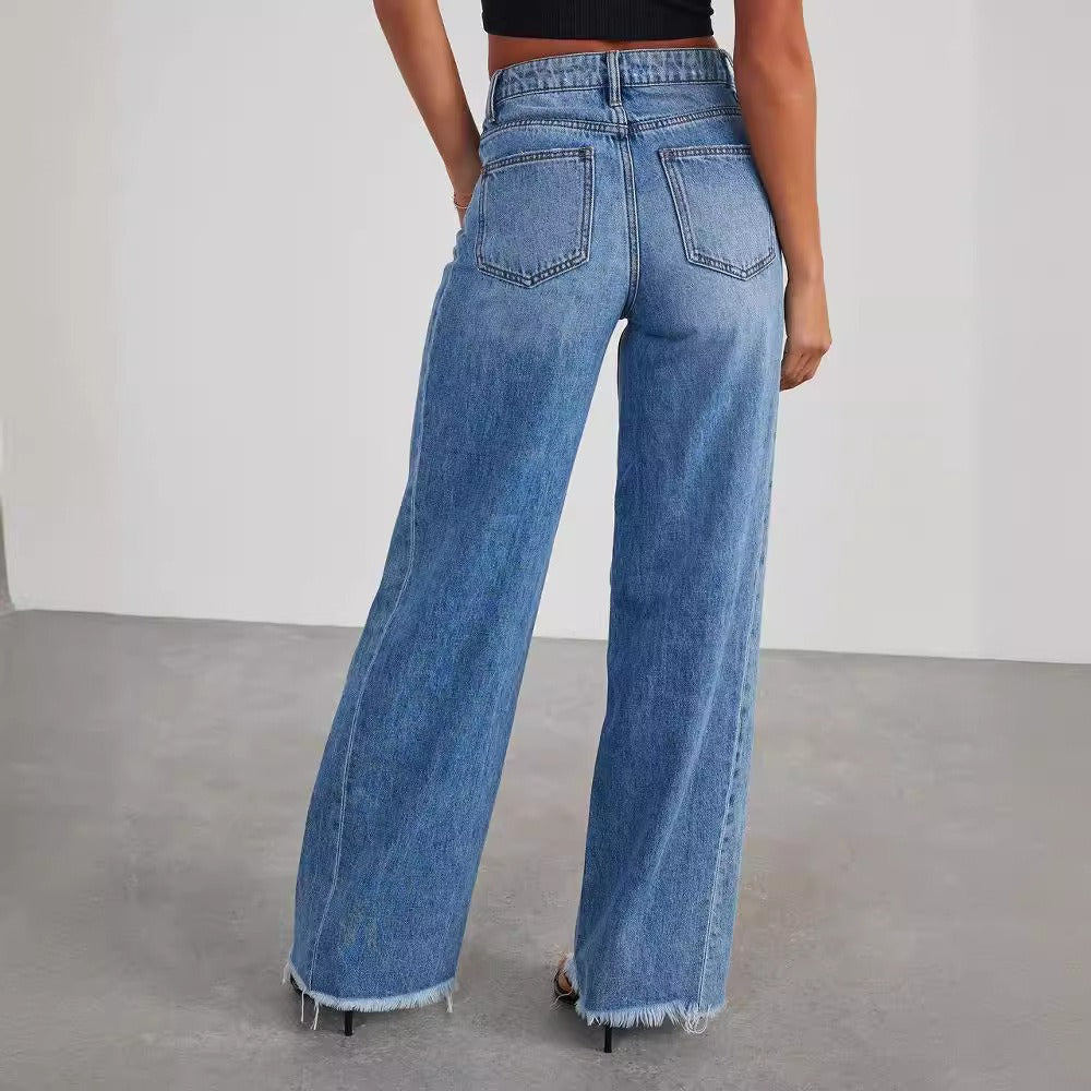 Loose wide leg side seam patchwork with ground hem jeans for women