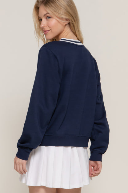 Long slv v-neck embroidered sweatshirt