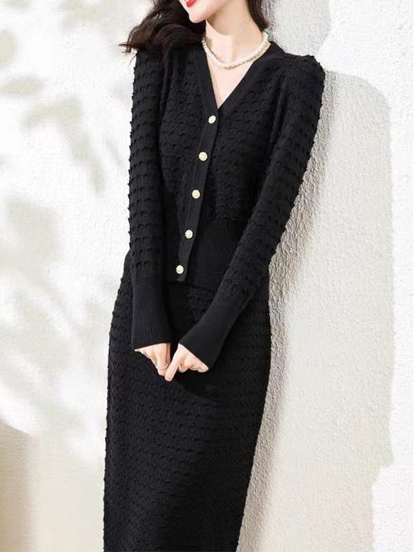 Runway Autumn Winter Skirts Suit Women V -neck Long sleeve Single buckle Shirt＋Pencil Skirt Fashion Knit Two Pieces Set