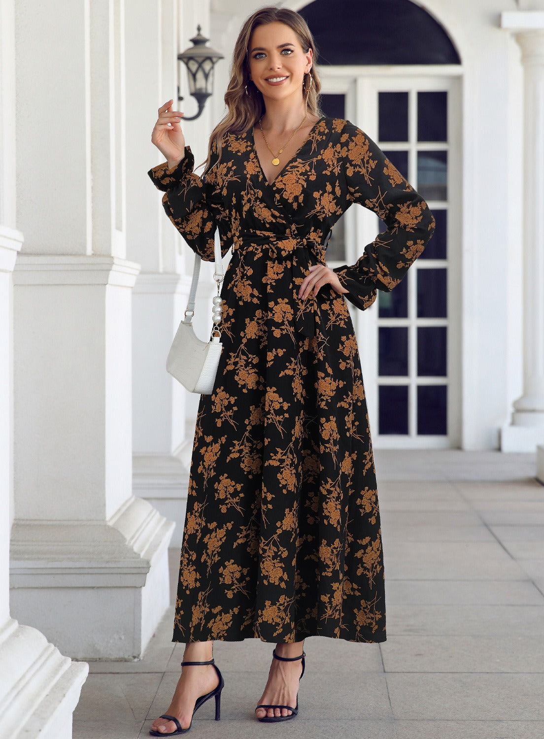 V-neckline long sleeved dress