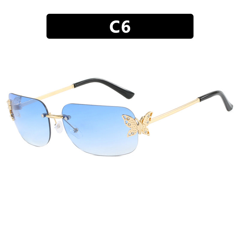 Frameless rectangular butterfly retro women's internet famous street photography diamond studded sunglasses