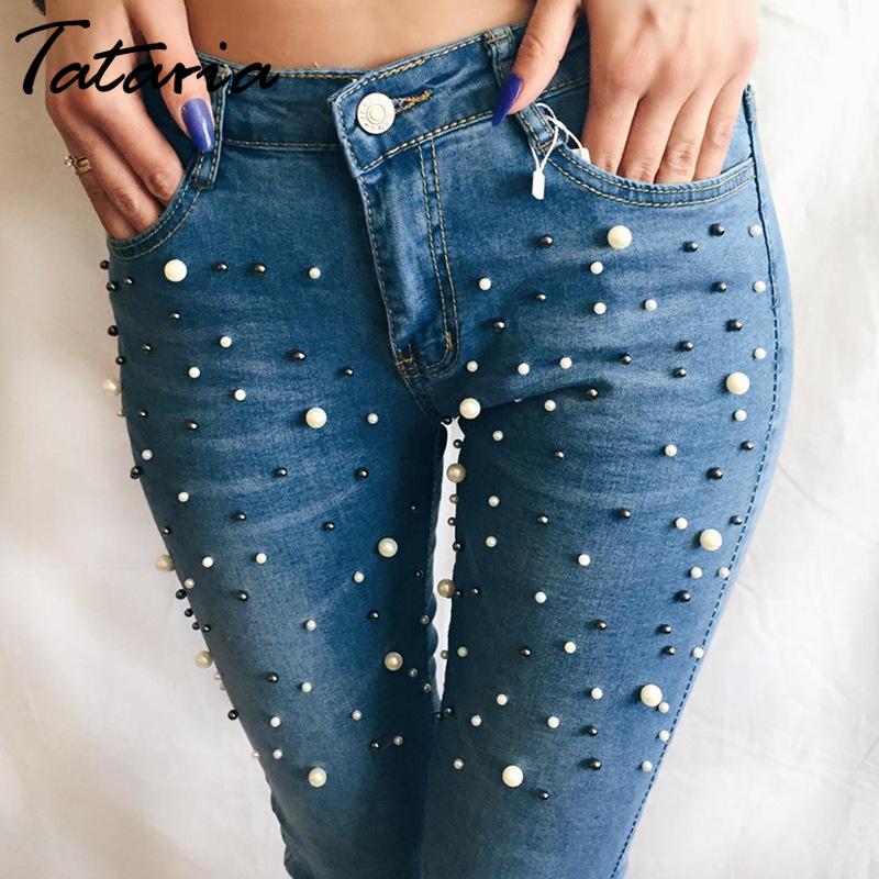 Denim Women Skinny Jeans With Pearls Pants Slim  Pearl Jeans Woman 2018 Mid Waist Pencil Jean For Women