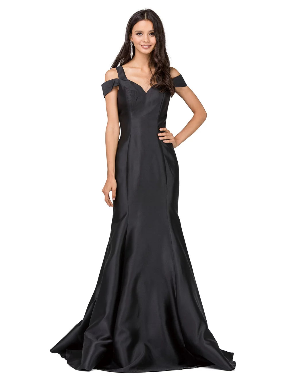 Cold Shoulder Satin Gown with Open Back and Button Detailing on Mermaid Train Prom Dress
