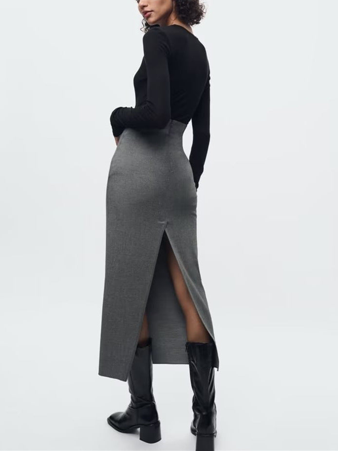 Women Straight Midi Long Skirts Fashion Split Vintage High Waist Spring Autumn Causal Elegant Slim Skirts