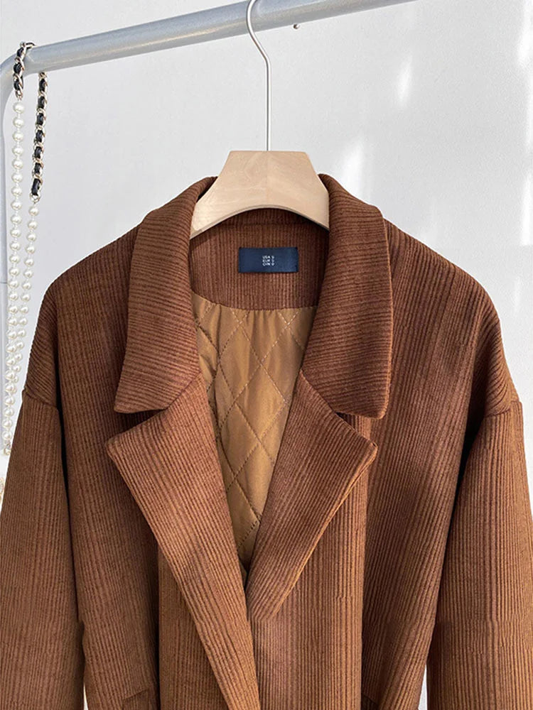 Elegant Notched Collar Adjustable Waist Long Woolen Coat For Women New Temperament Female Coats Tops  Autumn Winter