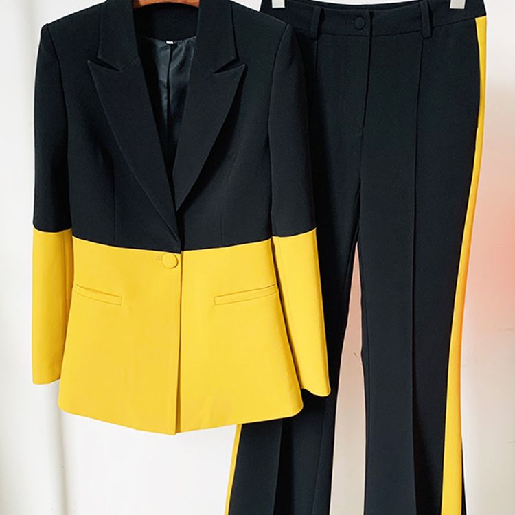 Newest Designer Runway Suit Set Women's Single Button Color Block Blazer Flare Pants Suit