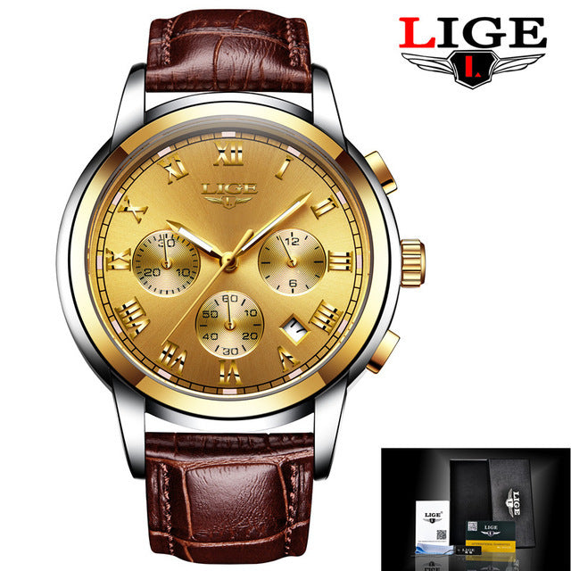 Lige Casual Fashion Trend Business Waterproof Belt Watch Men's Multi-Function Luminous Watch