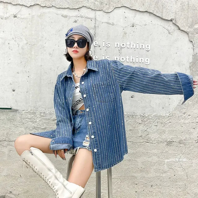 Women Crystal Striped Denim Shirt Coat Loose Long Sleeve Hot Drilling Diamonds Beaded Jeans Blouses Rhinestones Cardigan Tops
