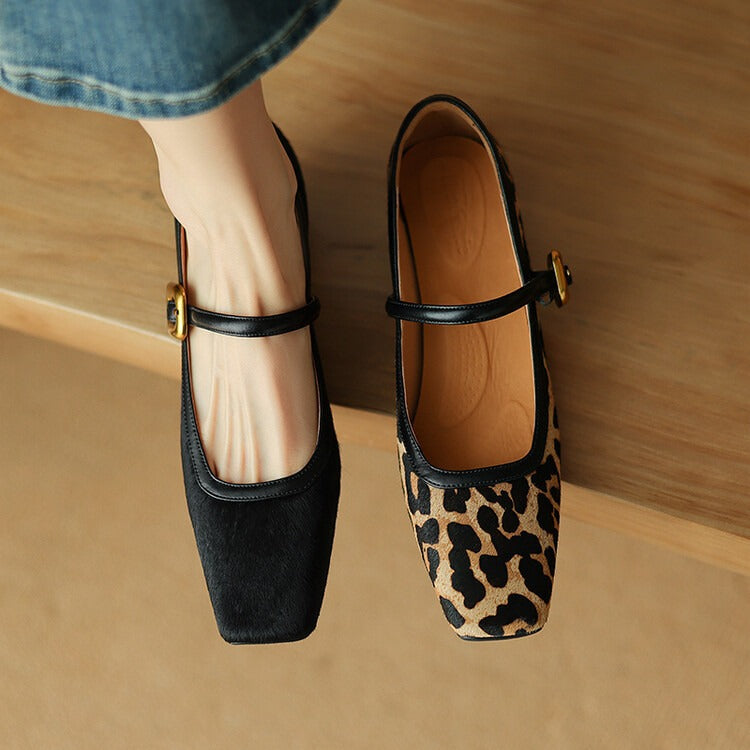 Retro Square Toe Strap Mary Jane Shoes Women's French Horsehair Genuine Leather Leopard Print Shoes