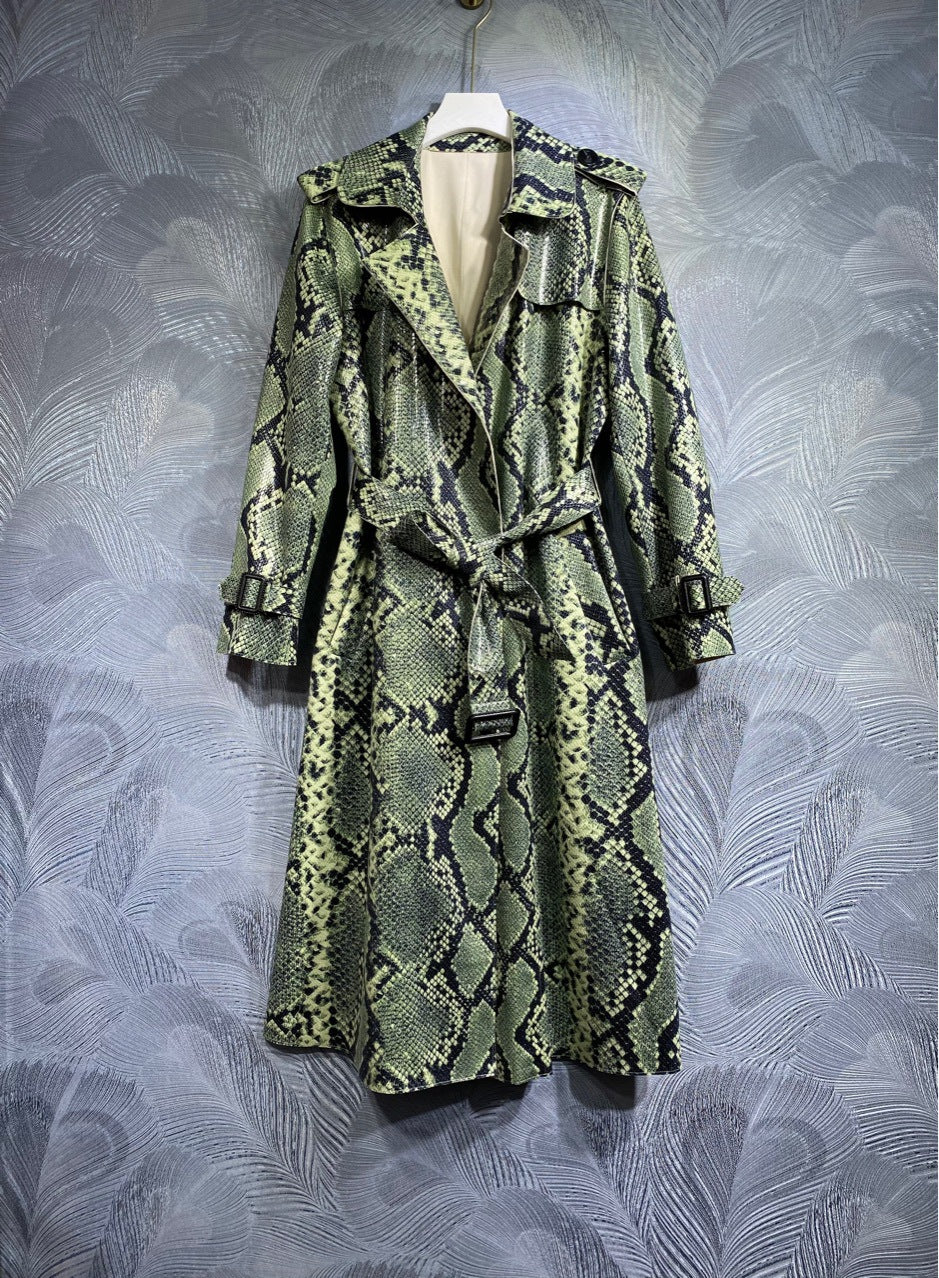 New Style  Fashion Designer Coat Women's Long Sleeve Belt Slim Fit High Waist Snakeskin grain Coat