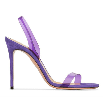 Green and purple PVC slim high heels with a single toe, round toe, open toe, and fashionable high heels