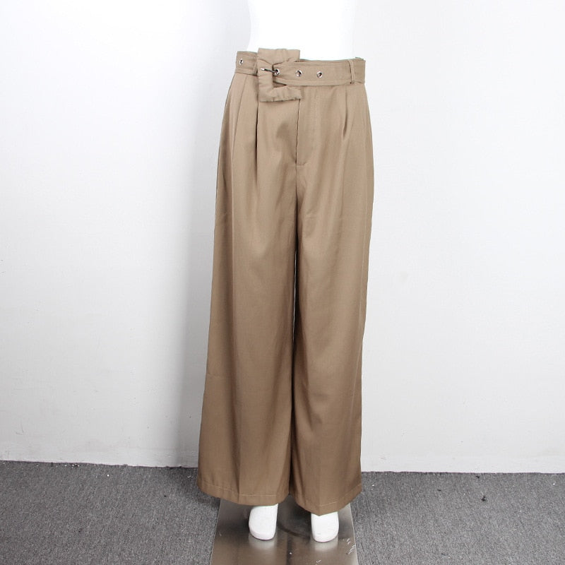 Women Long Capris Spring Sashes Wide Leg Pant Loose Casual Empire Trailing Trousers Pants Femme Khaki Black