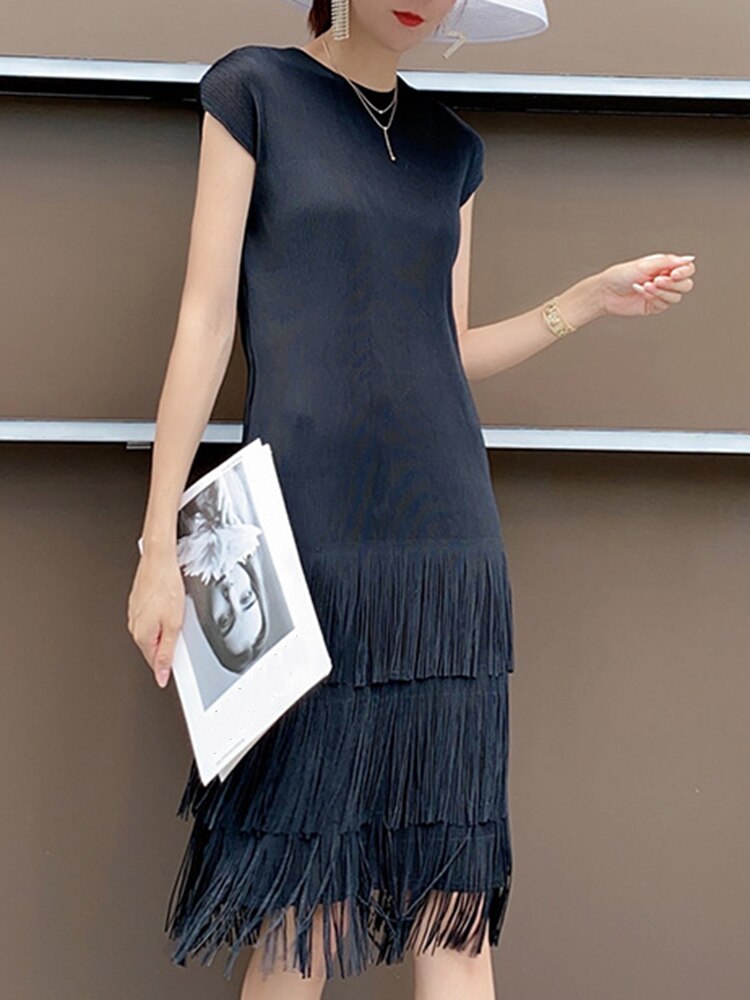 Pleated Tassel Sleeveless Knee-length Dress Women Round Collar Solid Color Straight Female New Clothing Summer