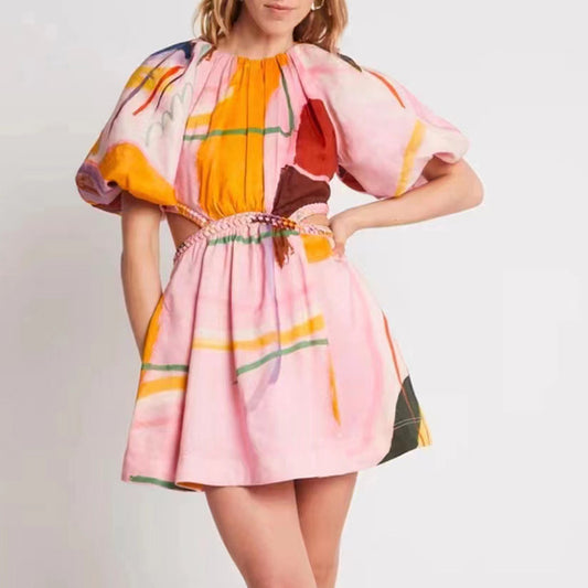 Holiday Style Colorful Printing And Dyeing A-Line Skirt Autumn Round Neck Puff Sleeves Hollow Sexy Waistless Woven Dress