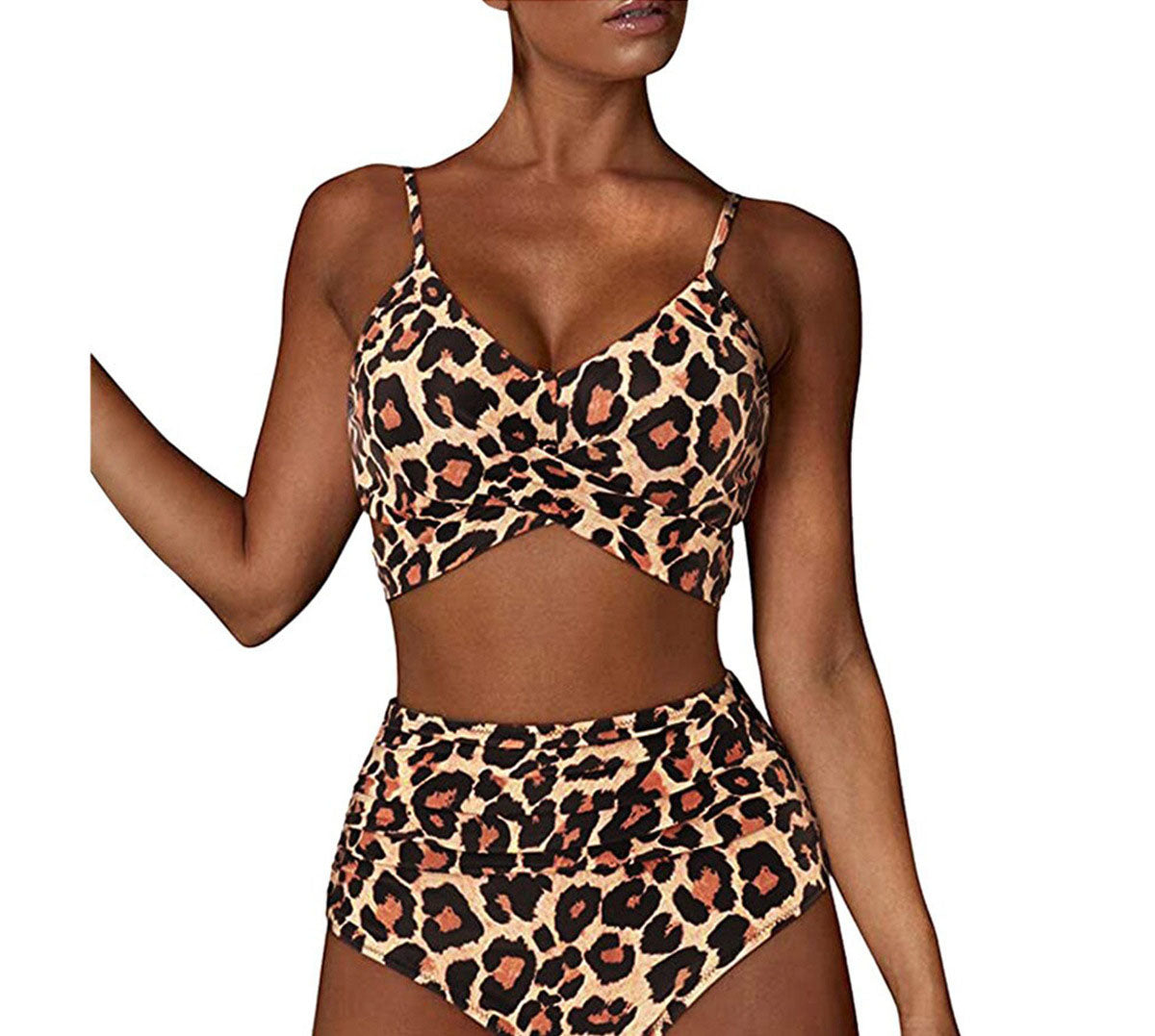 European and American swimsuit women's sexy solid color split bikini lace up high waisted leopard print cross tight swimsuit