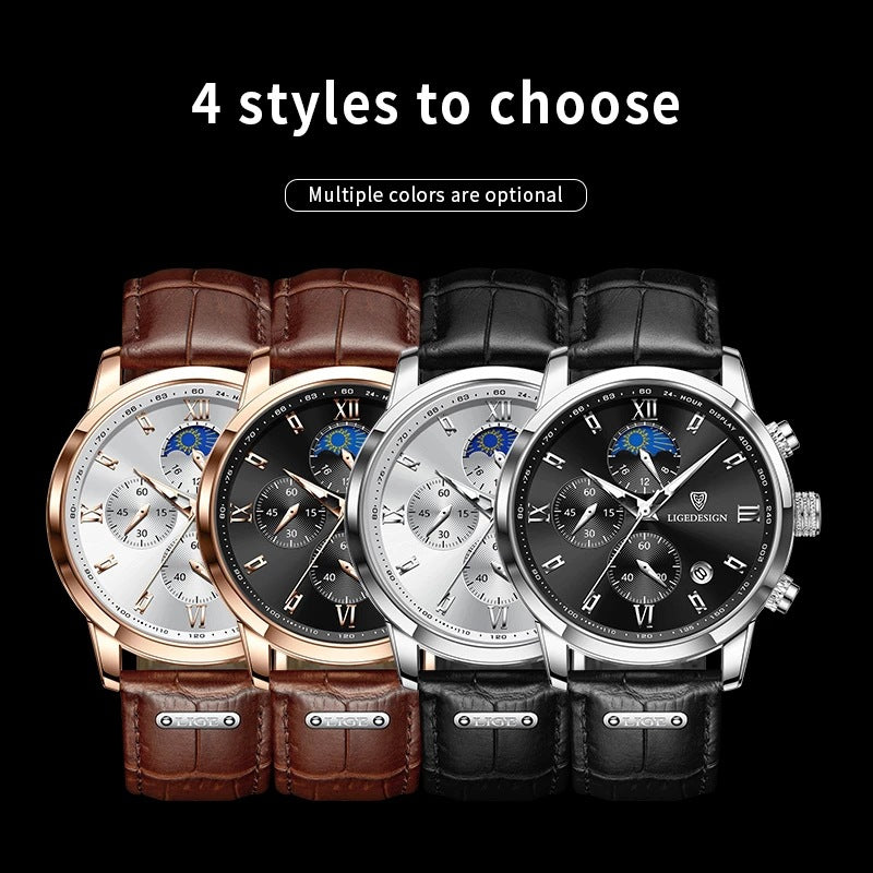 Lige Men's Quartz Watch Multifunction Chronograph Moon Phase Quartz Movement Waterproof Watch