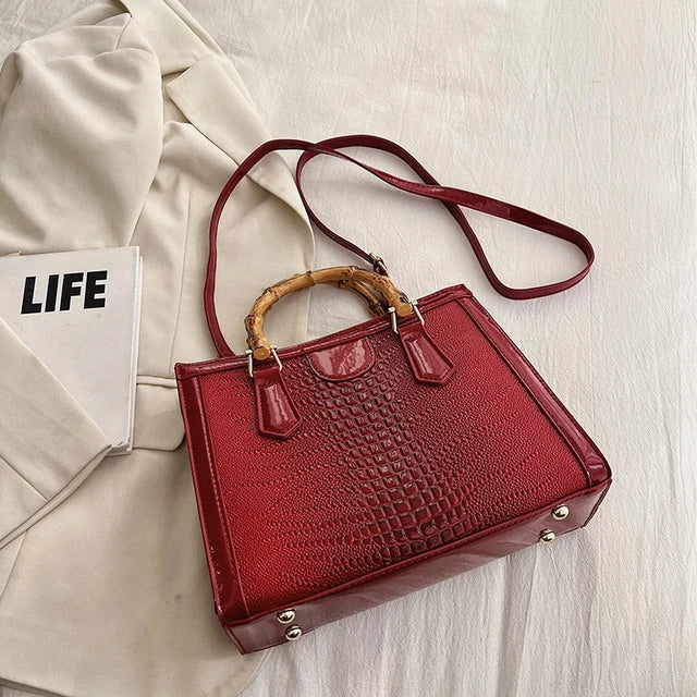 High Quality Leather Shoulder Bag For Women Luxury Alligator Handbag Designer Women Bag Retro Bamboo Handle Tote Bag Female