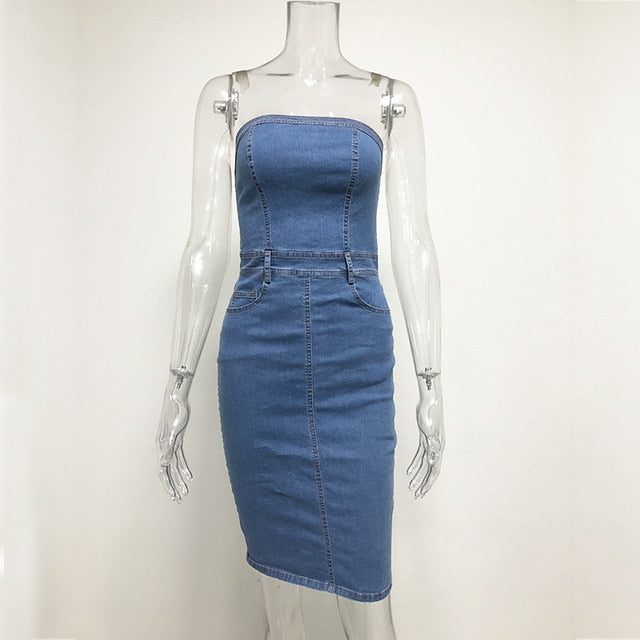 Strapless Denim Dress Women Elegant Summer Dress Sexy Party Jeans Dress Bodycon Dresses Casual Club Wear Vestido Jeans