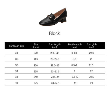 Square-toe loafers for women, thick heels, spring and autumn new women's shoes, medium-heeled shoes, spring black PU small leather shoes