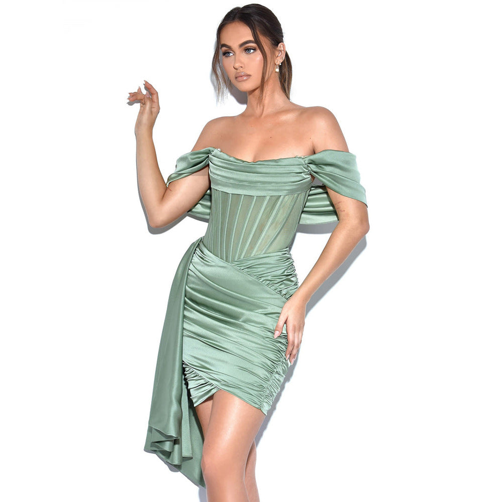 Sexy Solid One-Line Neck Dress Tube Top Gathered Satin Dress