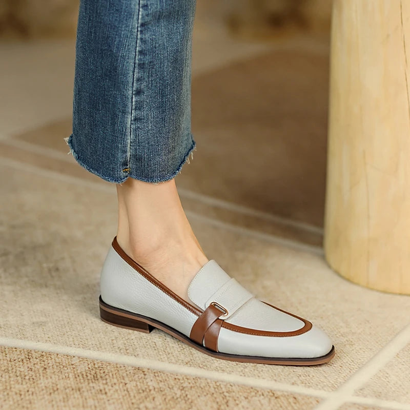 Spring Genuine Leather Women Shoes Retro Slip-On Loafers Mixed Colors Shoes Square Toe Shoes Woman Zapatos De Mujer Flats