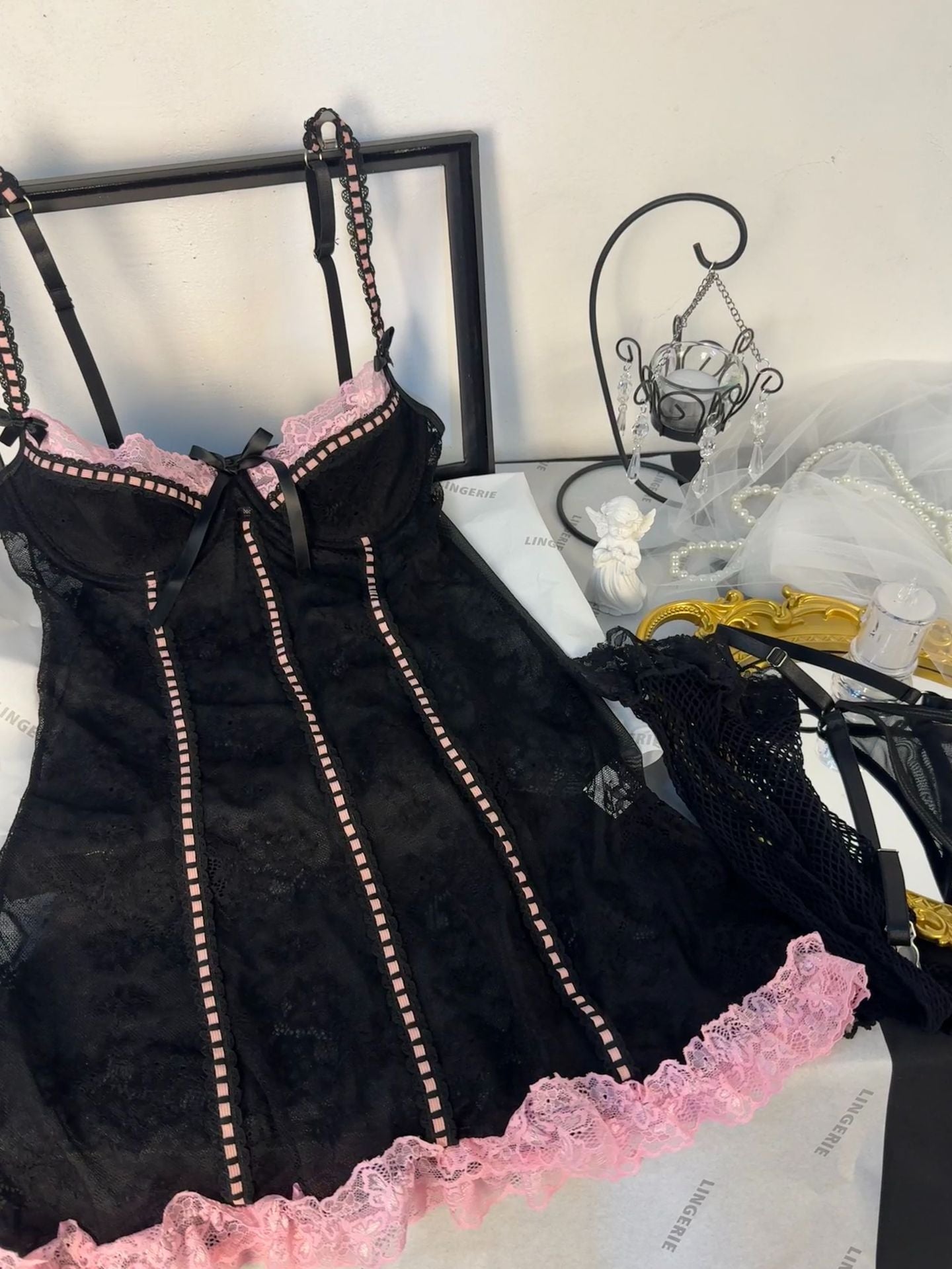 Sexy Lace Spliced Bodysuit Erotic Underwear Transparent Temptation Suit with Fishnet Stockings Dress