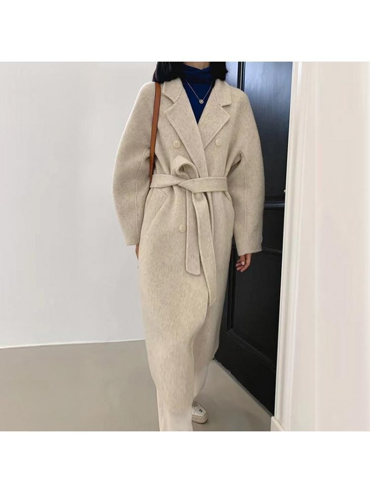 Winter Popular New Long Mulberry Silk Woolen Overcoat Women Double Breasted Lacing Belt Classic Pink Loose Wool Coat Jacket