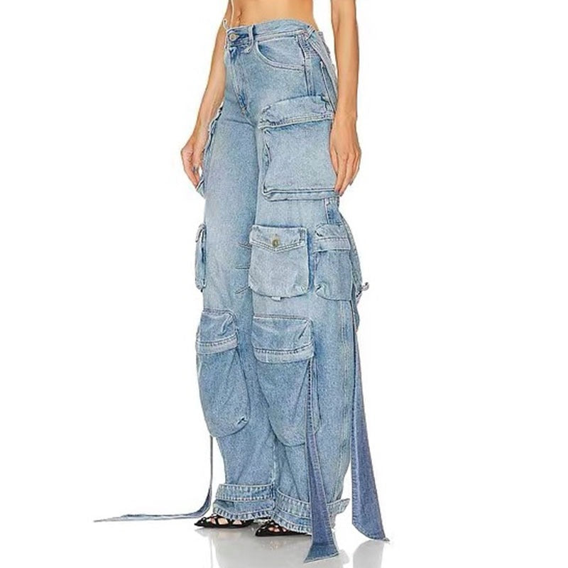 Heavy industry multi pocket denim pants with decorative straps and split back work pants