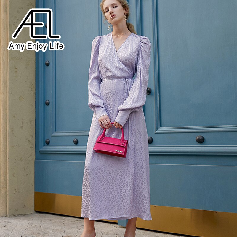 AEL Summer Wrap Dress Satin V-Neck Loose Waist Lace Up Ladies Long Streetwear Violet And Rose Red Pajama Look